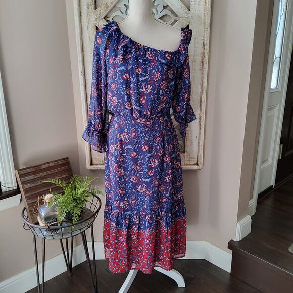 New Collective Concepts Women's Ruffle Asymmetric Shoulder Midi Dress Medium - Picture 2 of 10